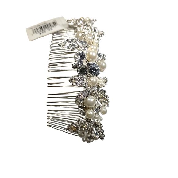 Hair Comb Silver Tone Faux Pearl Beads Rhinestone Floral... - Picture 4 of 8